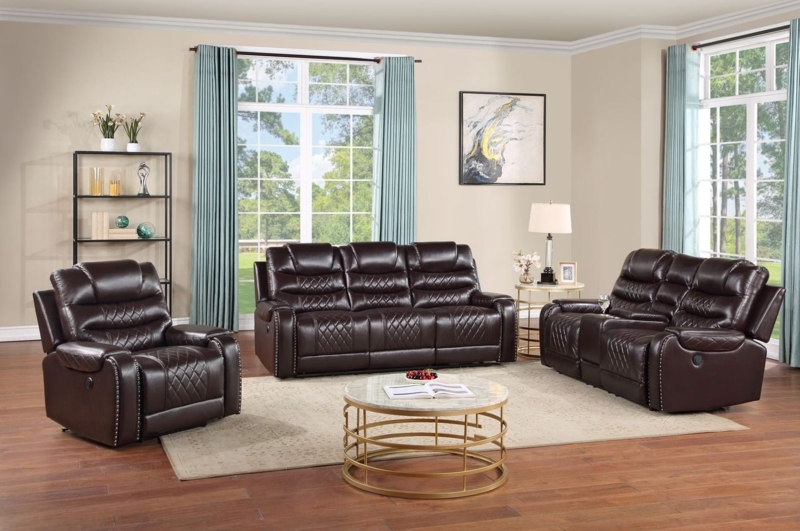 Reclining Sofa: Contrast Stitching, Overstuffed Leather-Like Couch