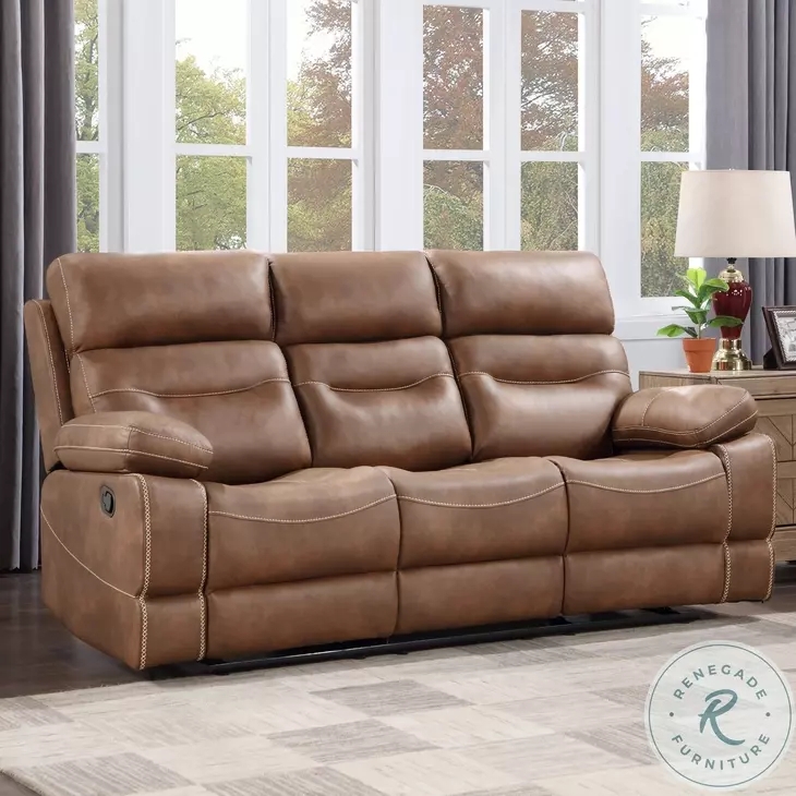 Reclining Sofa in Chestnut Brown with Contrast Stitching