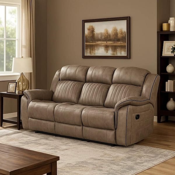 Reclining Sofa in Sandy Brown Microfiber with Manual Pull-Tab