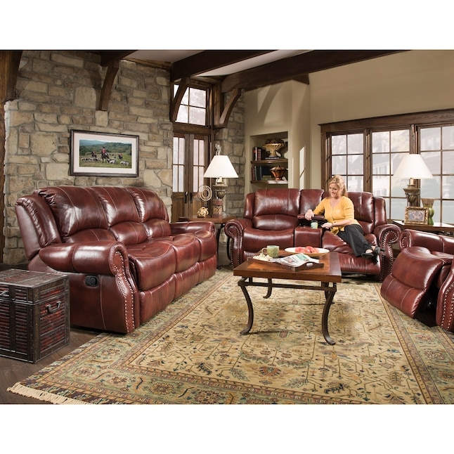 Reclining Sofa Oxblood Color 3 Seater Faux Leather Transitional