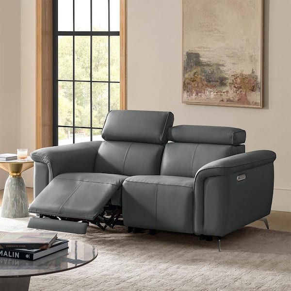 Reclining Sofa Power Blue Grey Leather-Like Pillow Top Arms Adjustable