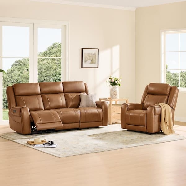 Reclining Sofa Saddle Brown with Integrated Power & USB
