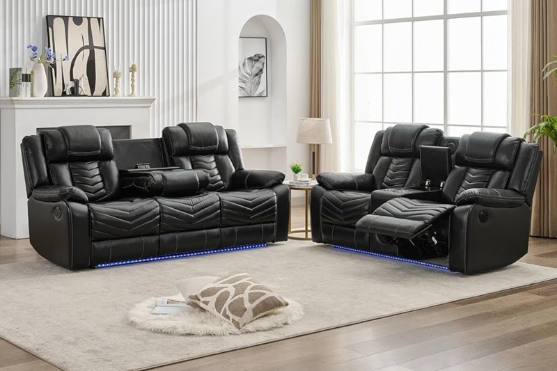 Reclining Sofa Set Black Power LED Base Lighting Diamond Quilted