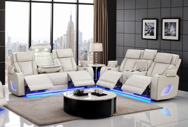 Reclining Sofa Set Charcoal Grey Power Blue LED Accents Quilted