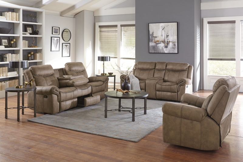 Reclining Sofa Set Contrast Stitching Center Console Brown Furniture