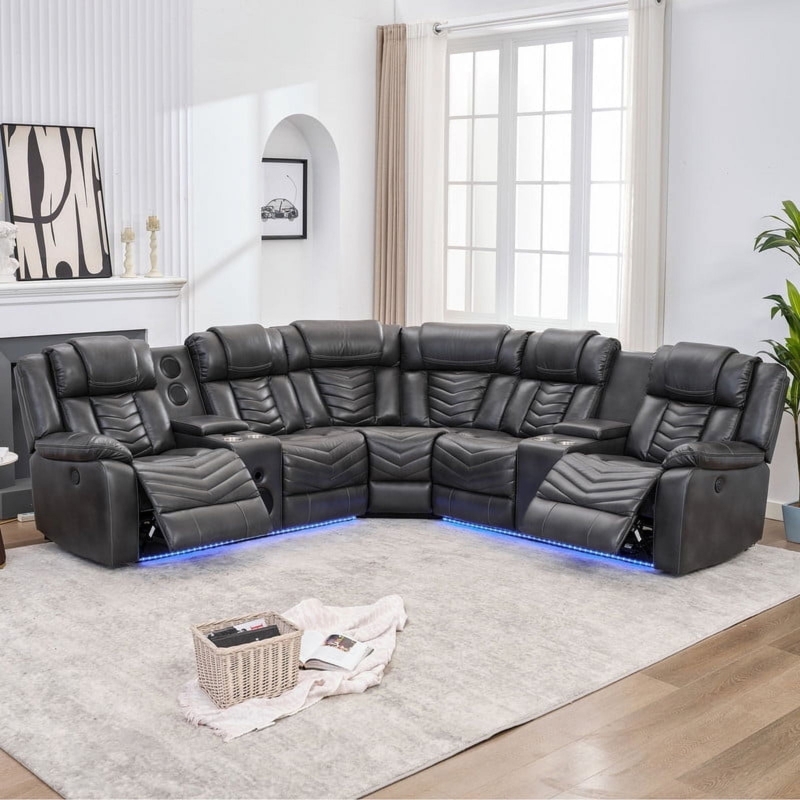 Reclining Sofa Set Gray Faux Leather Blue LED Lighting Console Storage