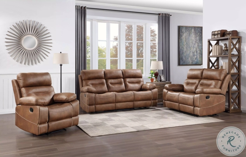 Reclining Sofa Set in Chestnut Brown with Contrast Stitching