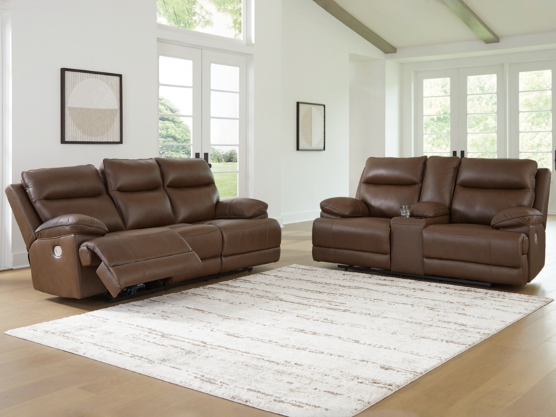 Reclining Sofa Set Saddle Brown Leather Like Pillow Top Arms