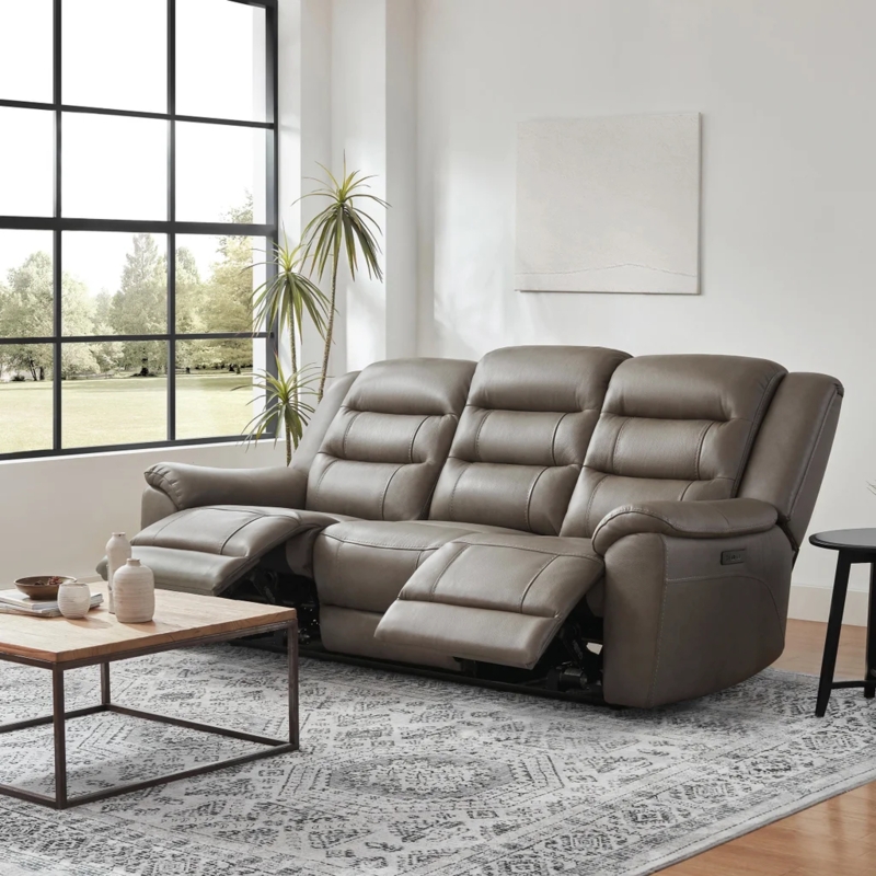 Reclining Sofa Tan Leather-Look with Power Headrests