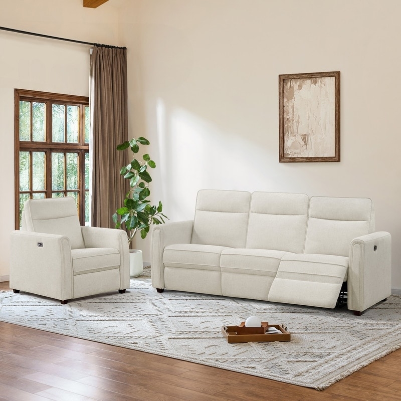 Reclining Sofa Textured Beige with Metallic Controls