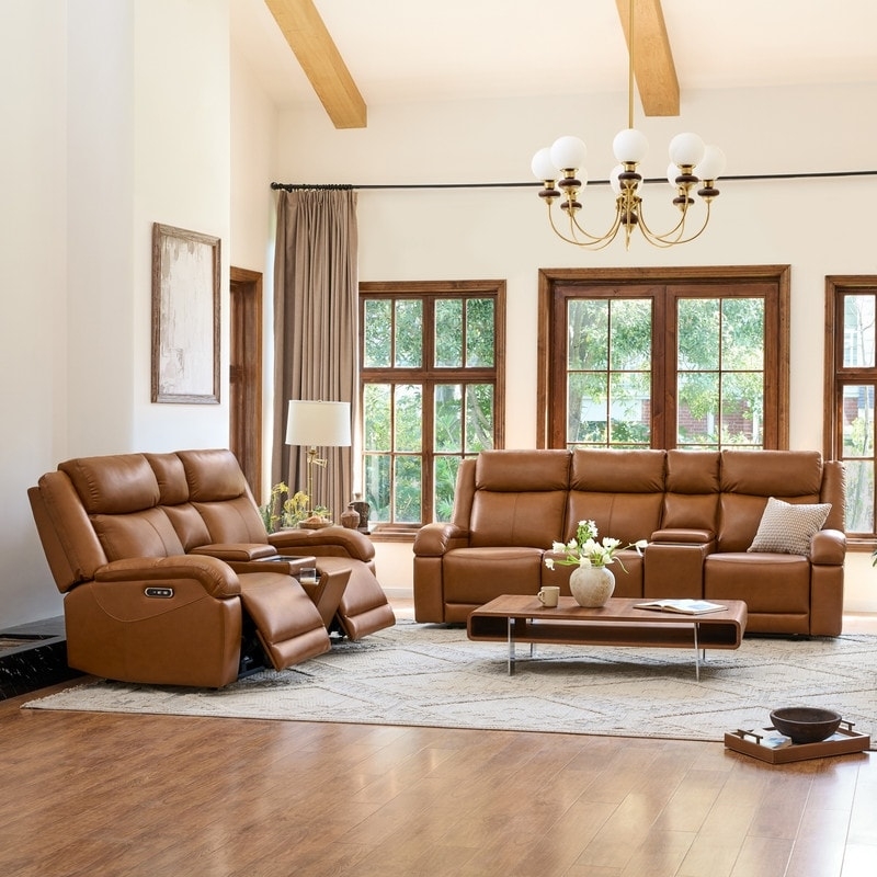 Reclining Sofa With Console Dark Chocolate Leather Like Power