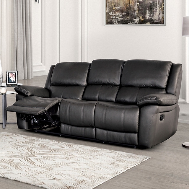 Reclining Sofa with Pillow-Top Arms in Black Leather-Like Fabric