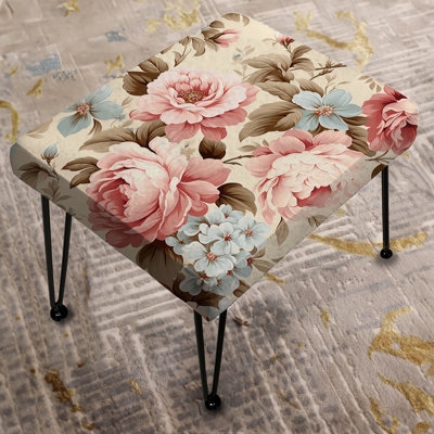 Rectangle Ottoman Spindle Turned Legs Vintage Rose Victorian Style