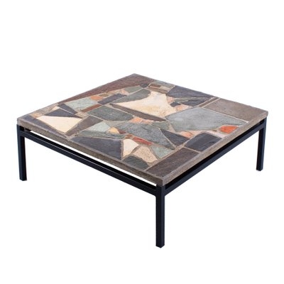 Rectangular Brutalist Coffee Table Mosaic Stone Pedestal Base