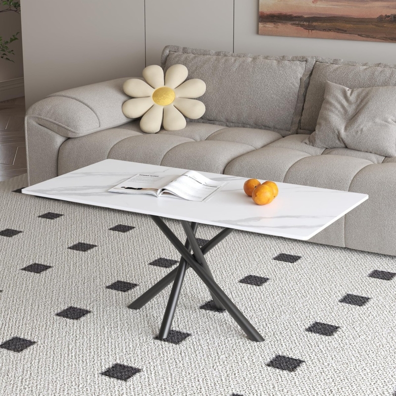 Rectangular Coffee Table, Dual Fluted Pedestal Legs, Stone-Like Top