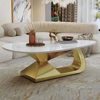 Rectangular Coffee Table, Gold Slatted Base, Faux Marble Top, Luxe Style