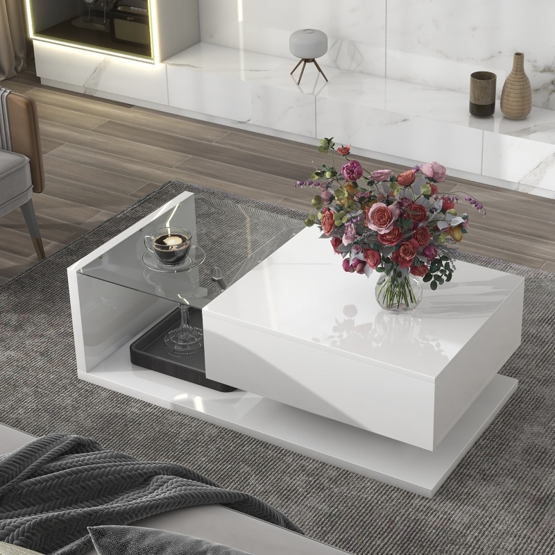 Rectangular Coffee Table in High-Gloss White with Glass Shelf