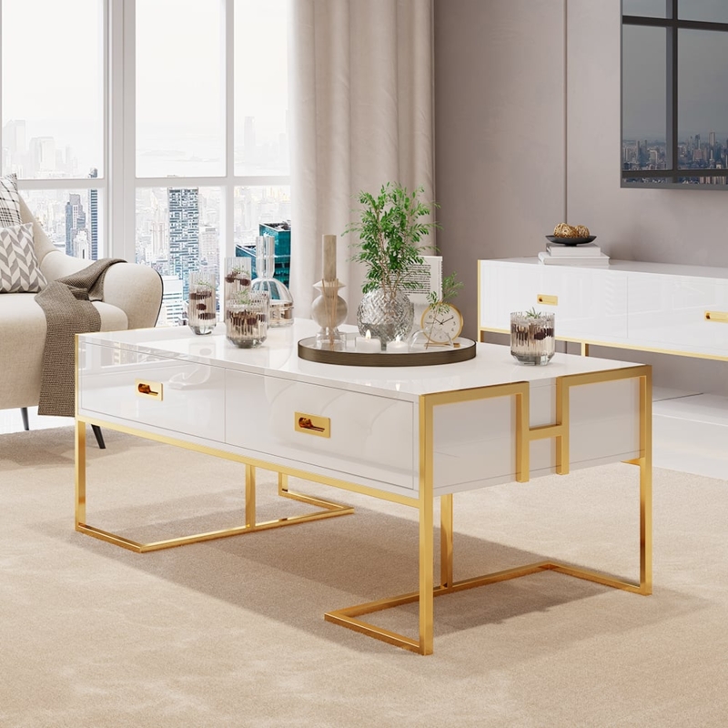 Rectangular Coffee Table in White Lacquer with Asymmetric Storage Drawers