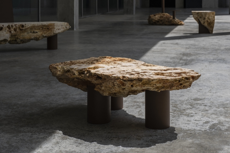 Rectangular Coffee Table, Porous Stone Texture, Monolithic Slab Design