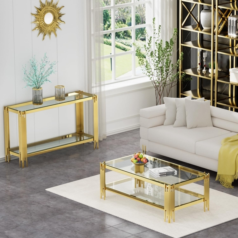 Rectangular Coffee Table Set featuring Glass Tops and X-Frame Bases