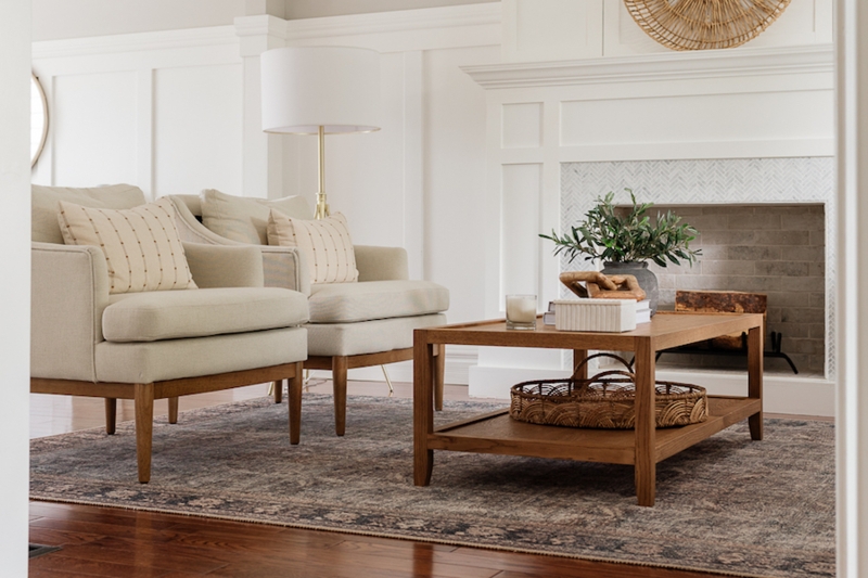 Rectangular Coffee Table, Slatted Shelf and Tapered Legs, Natural Finish