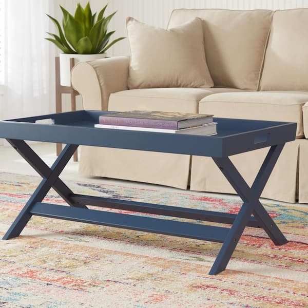Rectangular Coffee Table Steel Blue Tray Top Flared Wood Legs