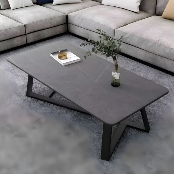 Rectangular Coffee Table, Stone-Like Top, Black Metal Frame Base
