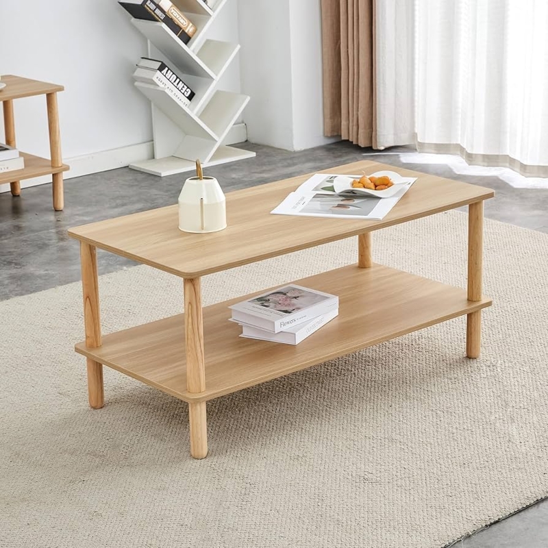 Rectangular Coffee Table, Two-Tier Storage, Rounded Rubberwood Legs