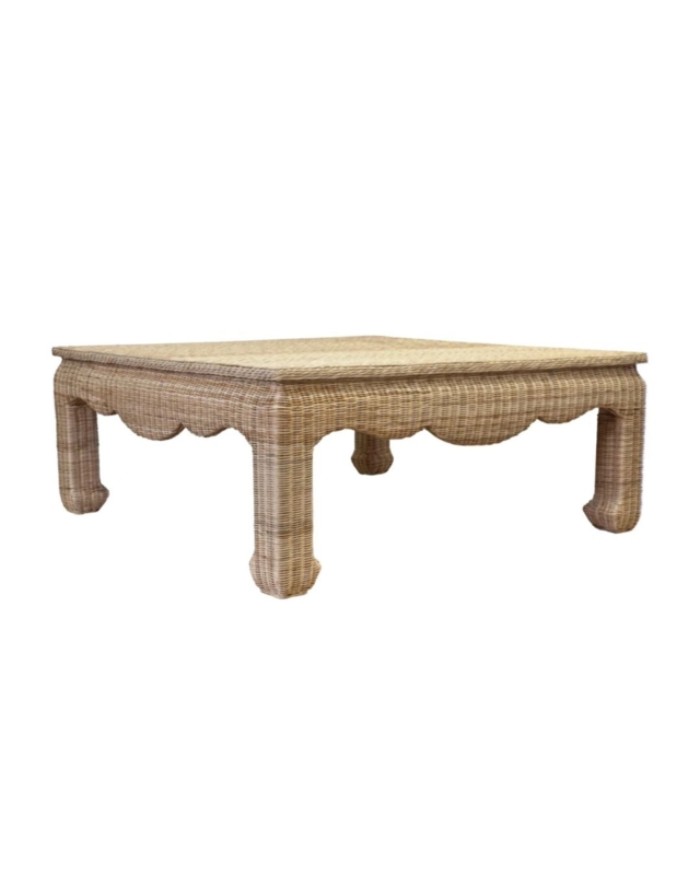 Rectangular Coffee Table Wicker Like Woven Texture Scalloped Apron
