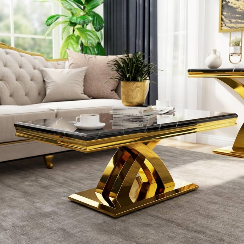 Rectangular Coffee Table with Black Marble Pattern and Geometric Base