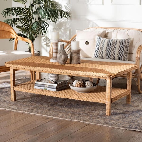 Rectangular Coffee Table with Braided Rattan Plinth Base Design
