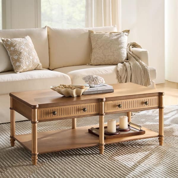 Rectangular Coffee Table with Dual Drawer Storage, Teak Finish and Open Shelf
