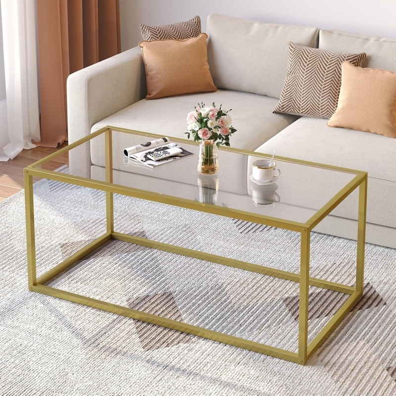 Rectangular Coffee Table with Glass Top and Marble Patterned Shelf