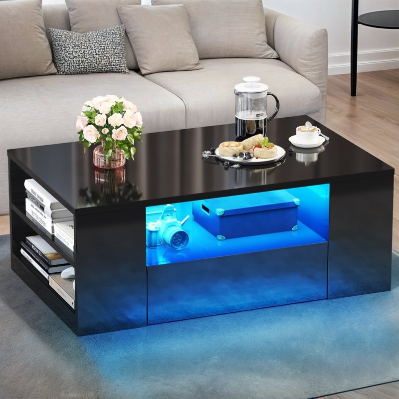 Rectangular Coffee Table with Tiered Storage and High-Gloss LED Finish