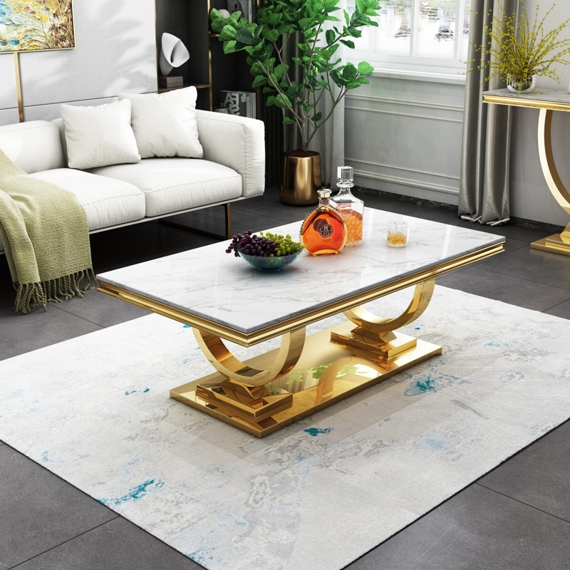 Rectangular Coffee Table with White Veined Top and Polished U-Shape Base