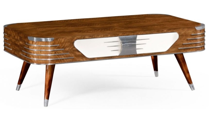 Rectangular Coffee Table, Wood Inlay Detail, Tapered Block Legs