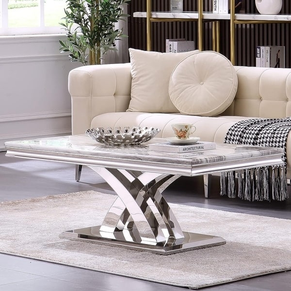 Rectangular Coffee Table X Base Pedestal Marbled Top Gold Finish