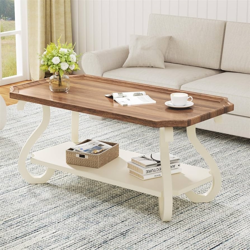 Rectangular Farmhouse Coffee Table Wood Tray Top Turned Legs Shelf