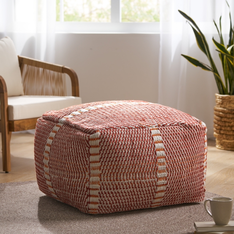 Rectangular Floor Pouf Red Orange Geometric Outdoor Woven