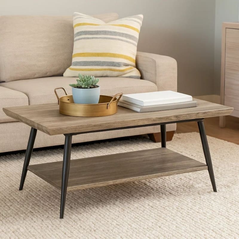 Rectangular Gray Wood Coffee Table with Black Metal X-Frame Base