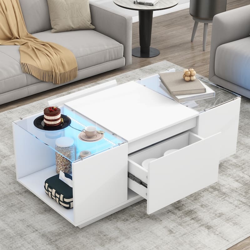 Rectangular High-Gloss Coffee Table with LED and Glass Tabletop