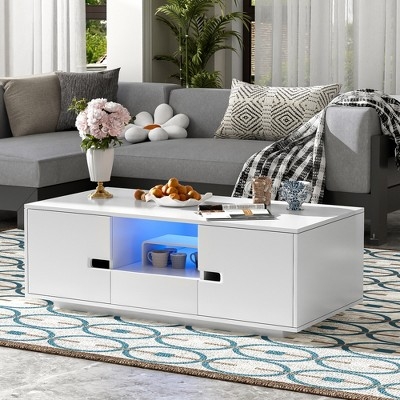 Rectangular High-Gloss Coffee Table with LED and Open Storage Shelf