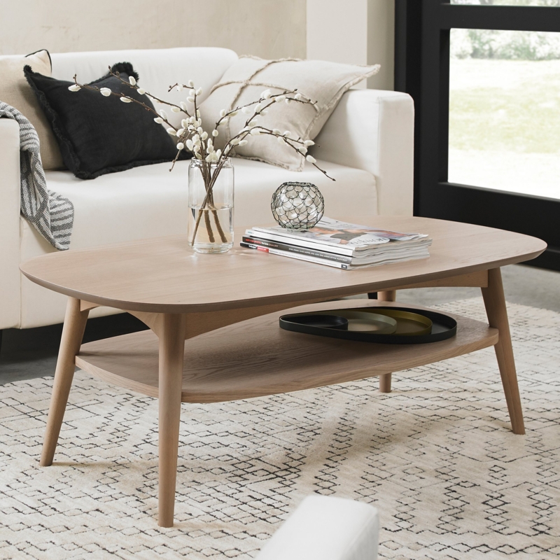 Rectangular Oak-Toned Coffee Table with Lower Shelf and Tapered Legs