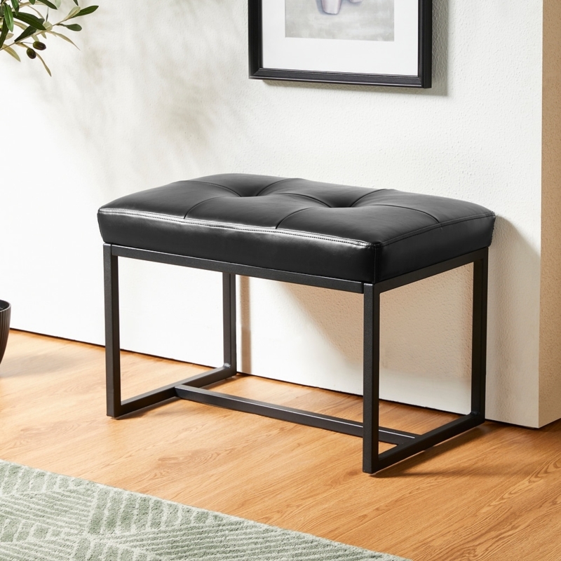 Rectangular Ottoman, Black Leather-like Metal X-Frame Base