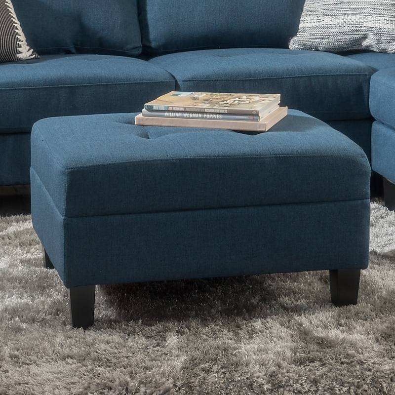 Rectangular Ottoman Button Tufting with Tapered Legs Navy Blue Fabric