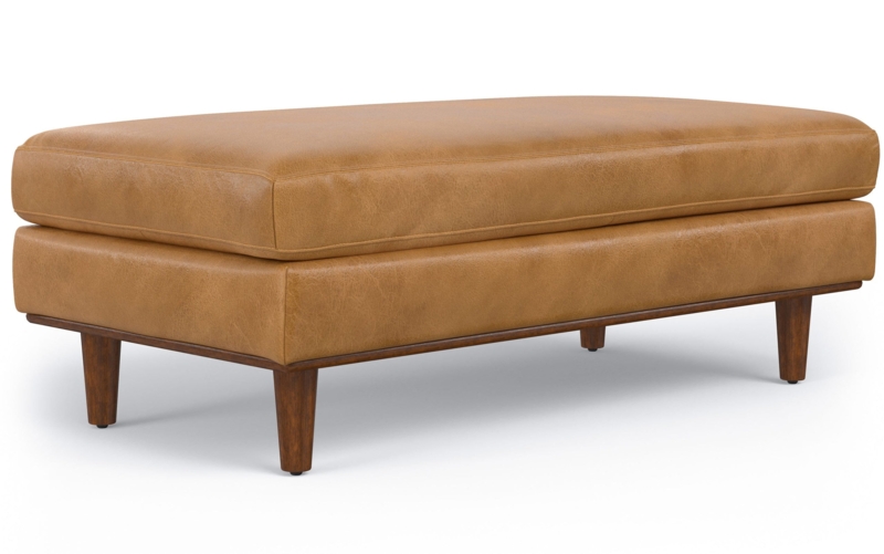 Rectangular Ottoman Caramel Brown Tapered Wood Legs Tufted Mid-Century