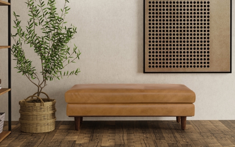 Rectangular Ottoman, Caramel Leather Grid Stitching for Mid Century Seating