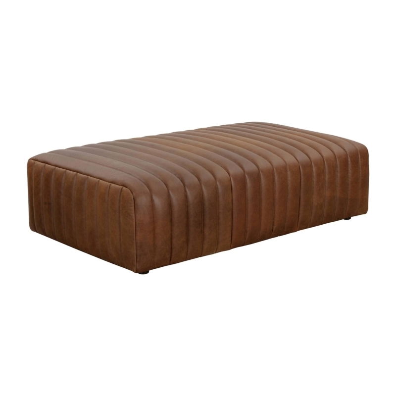 Rectangular Ottoman, Cognac Leather-Like Grid Stitching Metal Base Bench