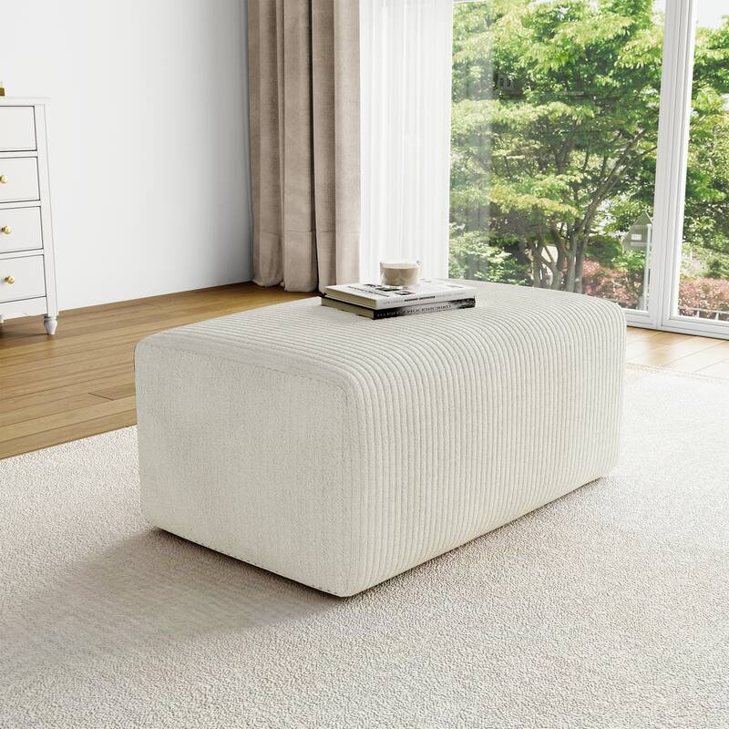 Rectangular Ottoman, Grey Ribbed Corduroy Oversized Lounge Footstool