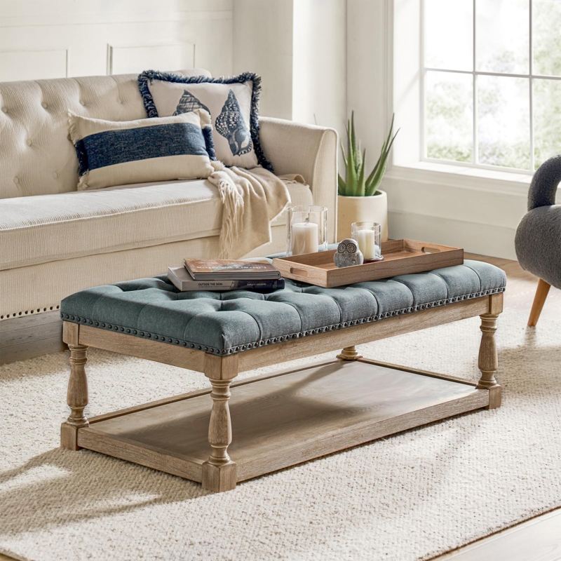 Rectangular Ottoman, Navy Blue Tufted Coffee Table with Tray and Shelf